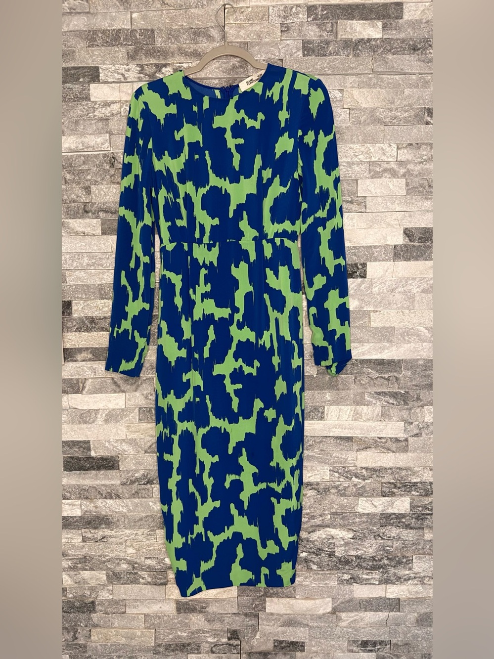 Diane Von Furstenberg Blue and Green Long Sleeve Printed Sheath Dress